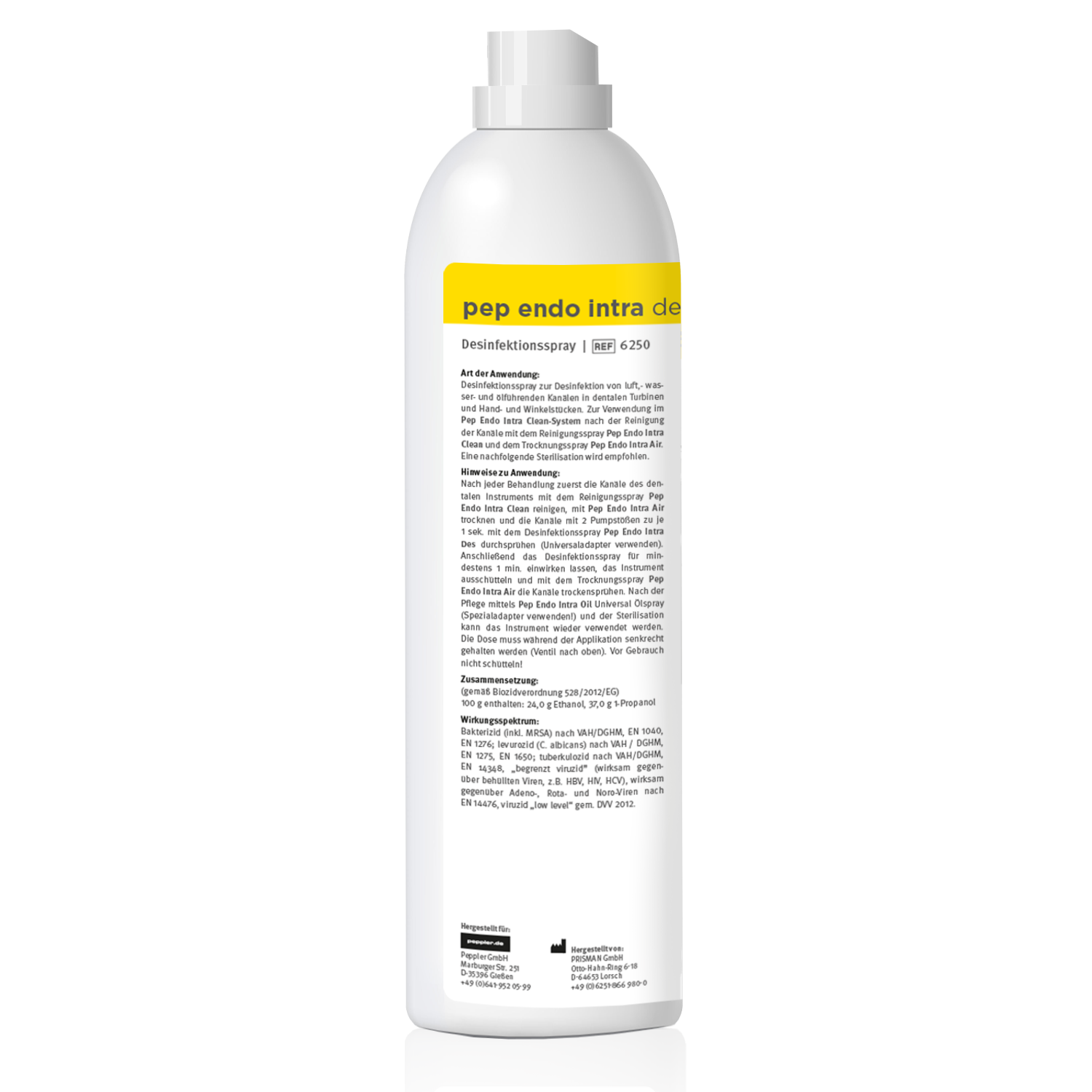 pep endo intra DES - Desinfektionsspray für wasser-, luft- und ölführende Kanäle in dentalen Turbinen und Hand- und Winkelstücken, 500 ml