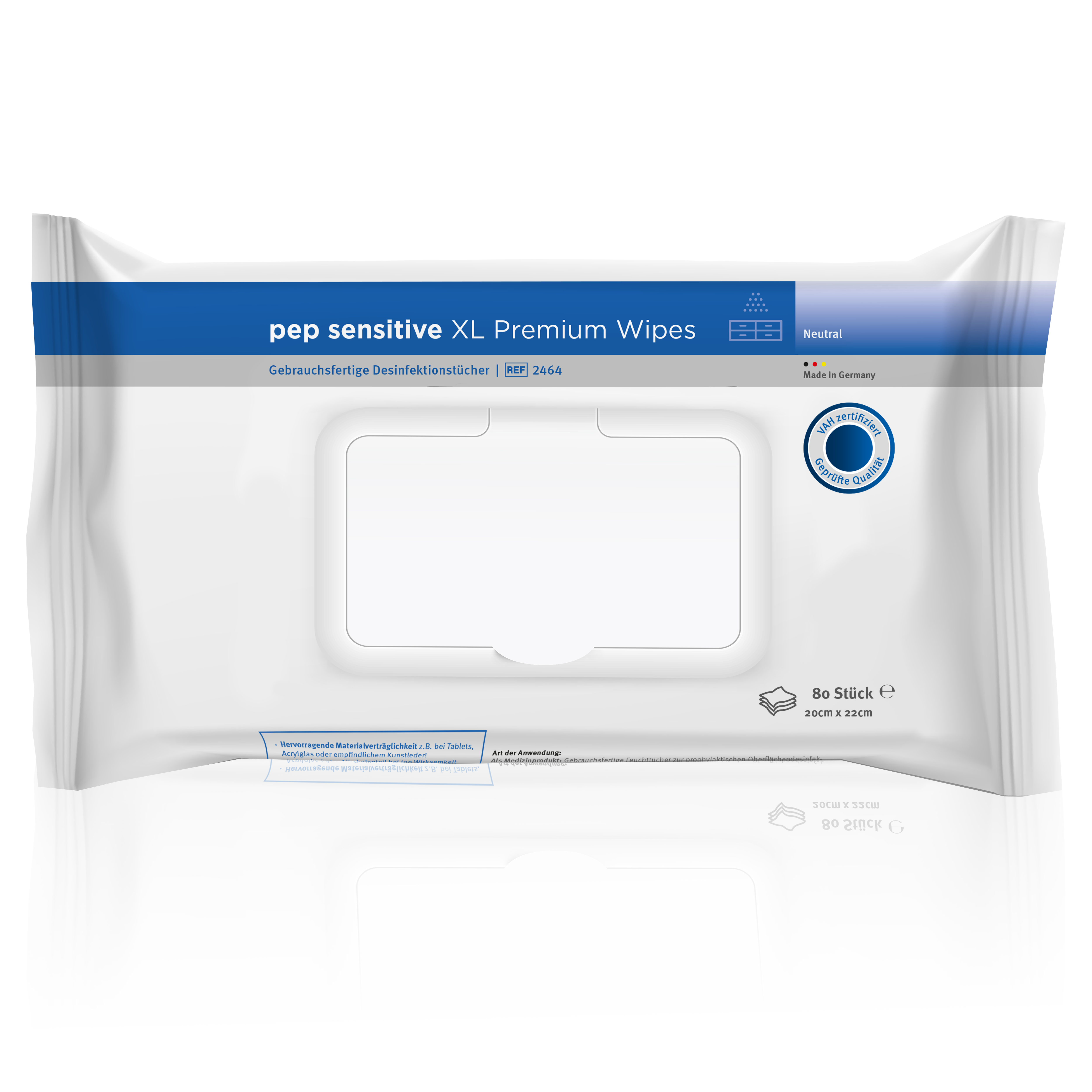 pep sensitive XL PremiumWipes, Gebrauchsfertige, 80 alkoholreduzierte Desinfektionstücher